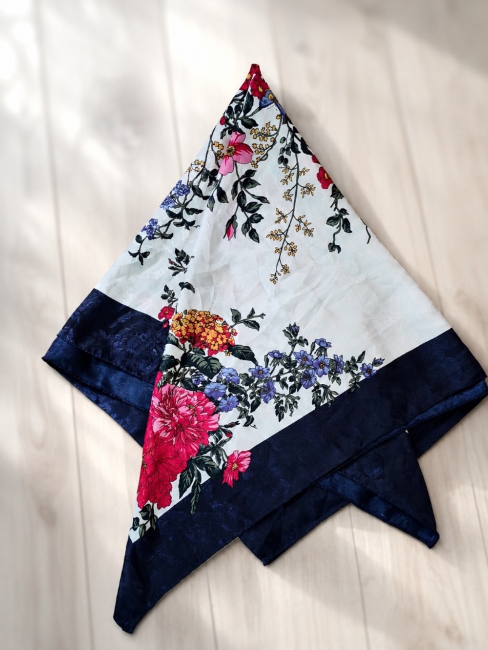 VINTAGE: Floral Silk-Feel Square Scarf with Navy Border - White, Pink & Blue